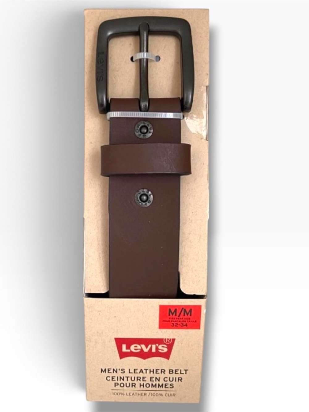 Levis Mens/unisex Leather Belt M/M 32-34 Brown With Black Buckle 100% genuine Le